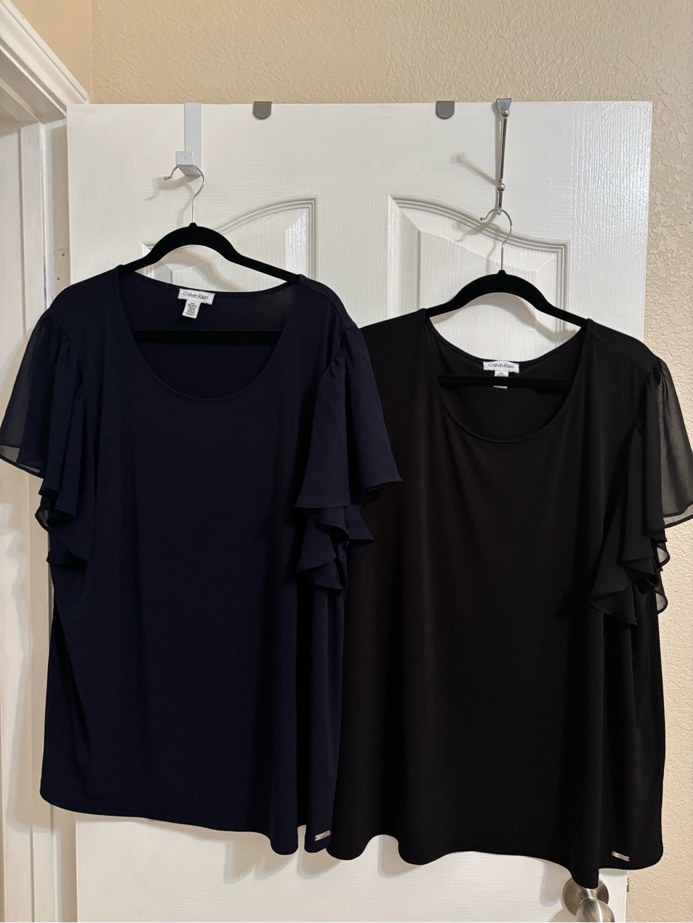 Calvin Klein Women's Ruffle Sleeve Scoop Neck Tops - Black & Navy duo